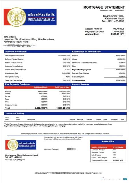 Download Nepal Rastriya Banijya Bank mortgage statement Word and PDF template Photoshop template